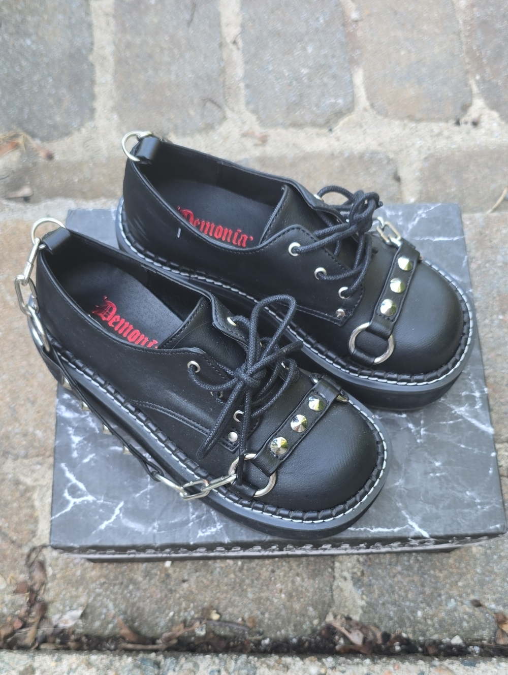 Demonia Black Studded Platform Oxfords with Silver Hardware